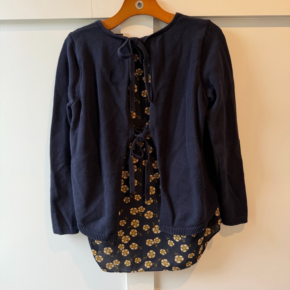 Loft Women’s Sweater Blue Floral‎ Layered-Look Bows 100% Cotton Pullover Small - Picture 4 of 8